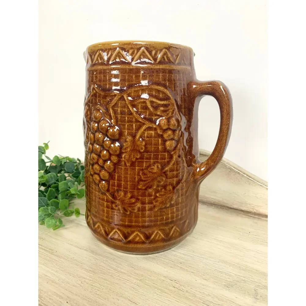 Antique North Star Stoneware Pitcher Brown Glaze Jug Vase Rustic Cottagecore